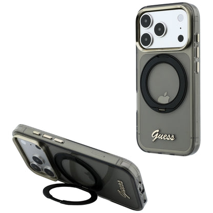 MagSafe-etui til Apple iPhone 18 Pro / 17 Pro, Guess, Ring Stand Script Metal Logo, Sort