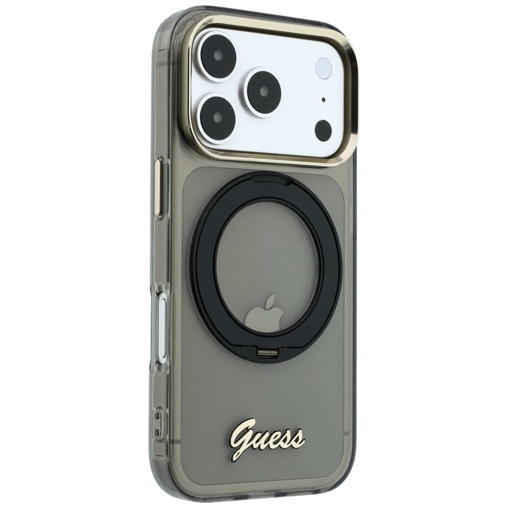 MagSafe-etui til Apple iPhone 18 Pro / 17 Pro, Guess, Ring Stand Script Metal Logo, Sort