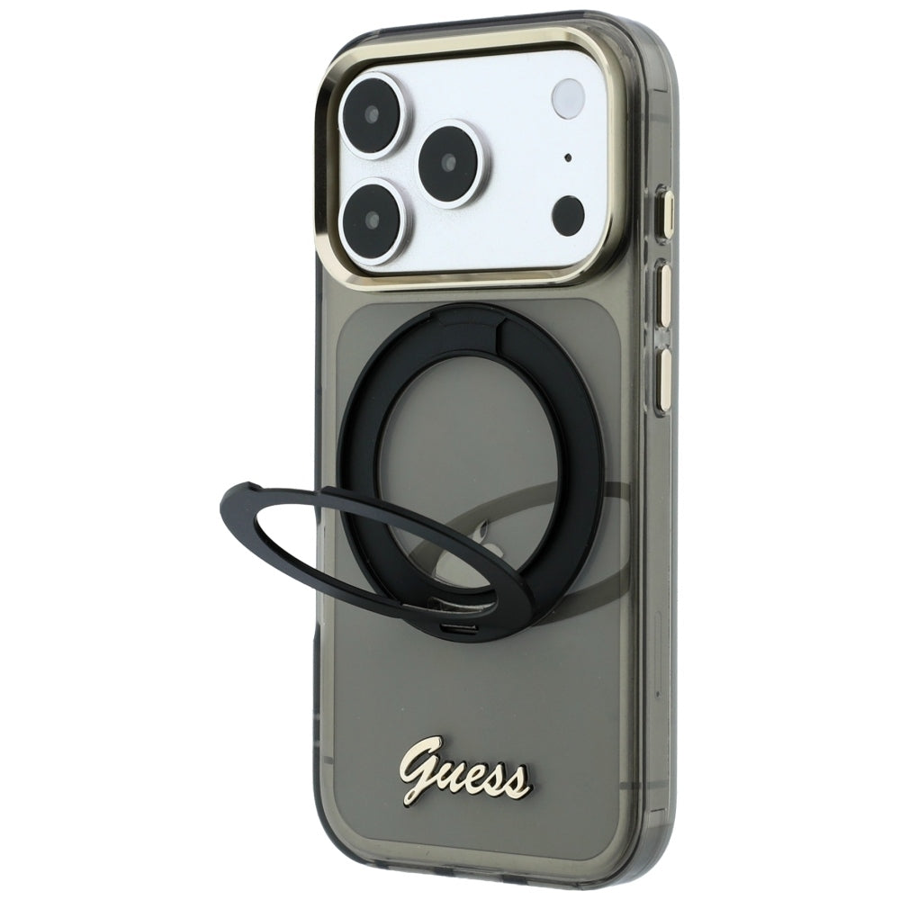 MagSafe-etui til Apple iPhone 18 Pro / 17 Pro, Guess, Ring Stand Script Metal Logo, Sort