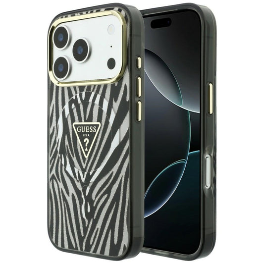 MagSafe-etui til Apple iPhone 18 Pro / 17 Pro, Guess, Zebra Glitter Triangle Logo, Sølv