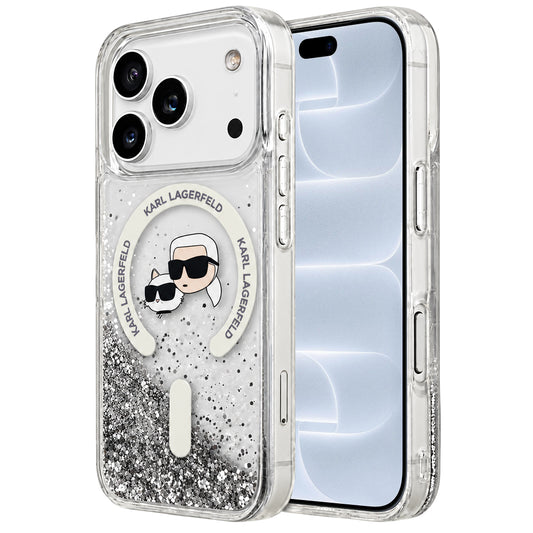 MagSafe-etui til Apple iPhone 18 Pro / 17 Pro, Karl Lagerfeld, Liquid Glitter Karl & Choupette Head's, Transparent