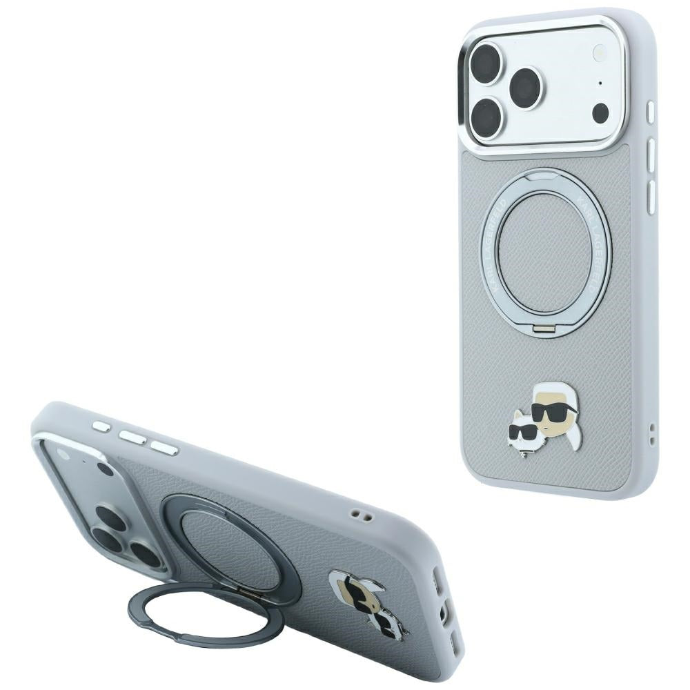 MagSafe-cover til Apple iPhone 18 Pro / 17 Pro, Karl Lagerfeld, Ring Stand 360 Karl & Choupette Pin, grå