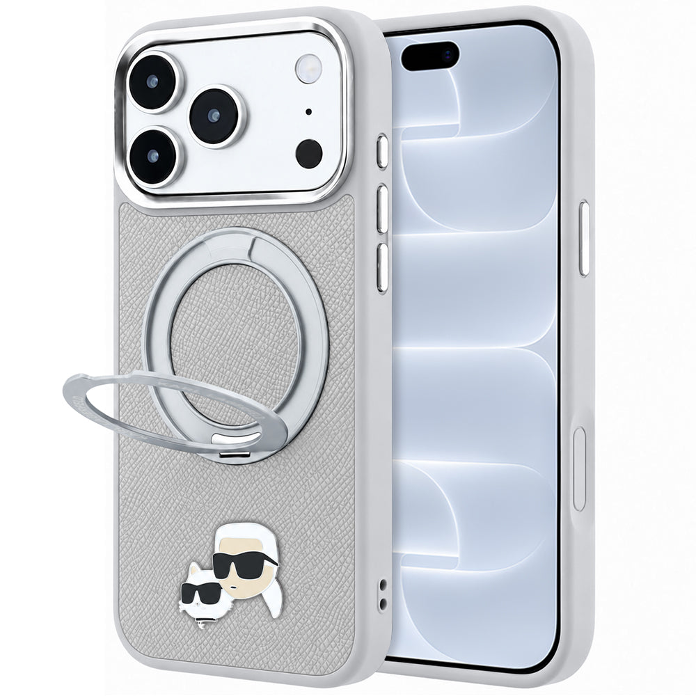 MagSafe-cover til Apple iPhone 18 Pro / 17 Pro, Karl Lagerfeld, Ring Stand 360 Karl & Choupette Pin, grå