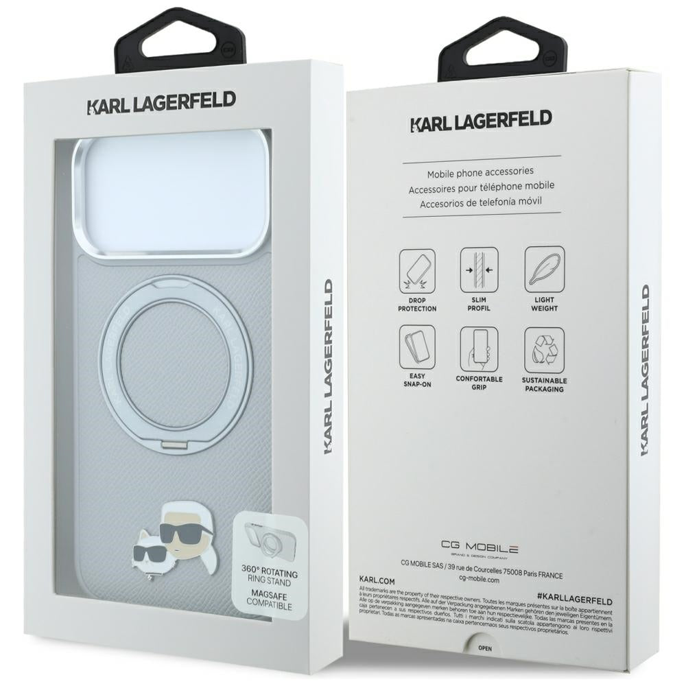 MagSafe-cover til Apple iPhone 18 Pro / 17 Pro, Karl Lagerfeld, Ring Stand 360 Karl & Choupette Pin, grå
