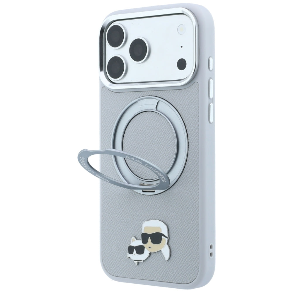 MagSafe-cover til Apple iPhone 18 Pro / 17 Pro, Karl Lagerfeld, Ring Stand 360 Karl & Choupette Pin, grå