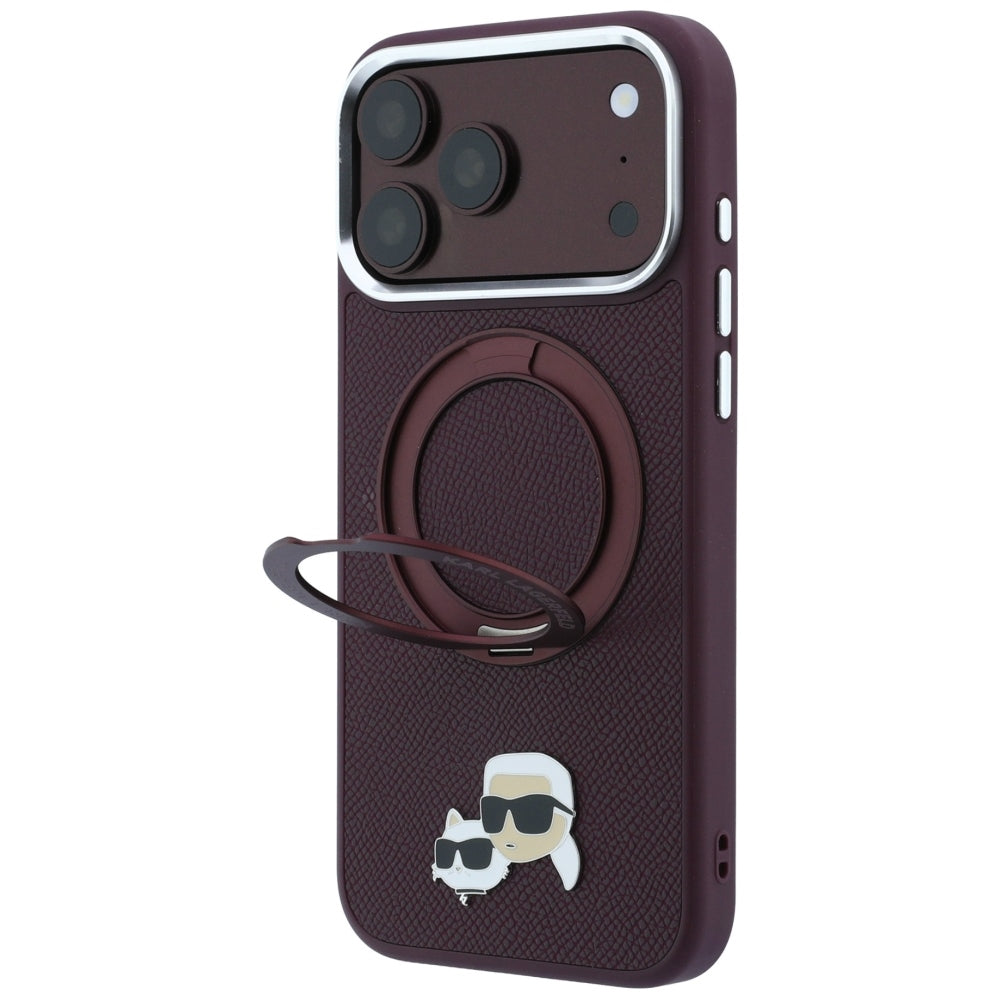 MagSafe-etui til Apple iPhone 18 Pro / 17 Pro, Karl Lagerfeld, Ring Stand 360 Karl & Choupette Pin, Vinrød