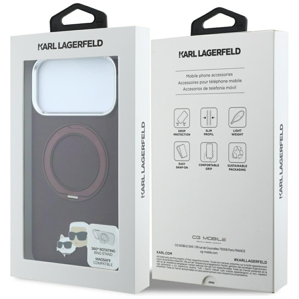 MagSafe-etui til Apple iPhone 18 Pro / 17 Pro, Karl Lagerfeld, Ring Stand 360 Karl & Choupette Pin, Vinrød