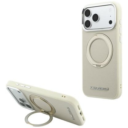 MagSafe Case for Apple iPhone 18 Pro / 17 Pro, Karl Lagerfeld, Ring Stand 360 Saffiano, Beige
