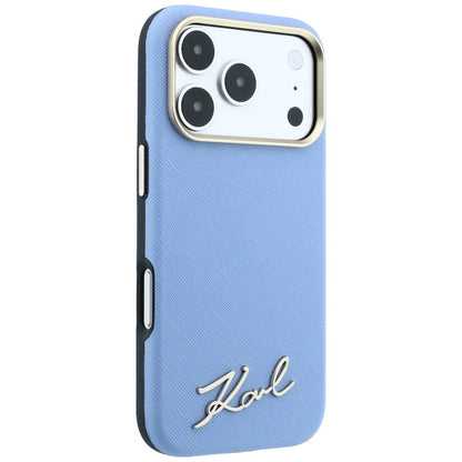 MagSafe-etui til Apple iPhone 18 Pro / 17 Pro, Karl Lagerfeld, Saffiano Small Script Metal Logo, Bleu