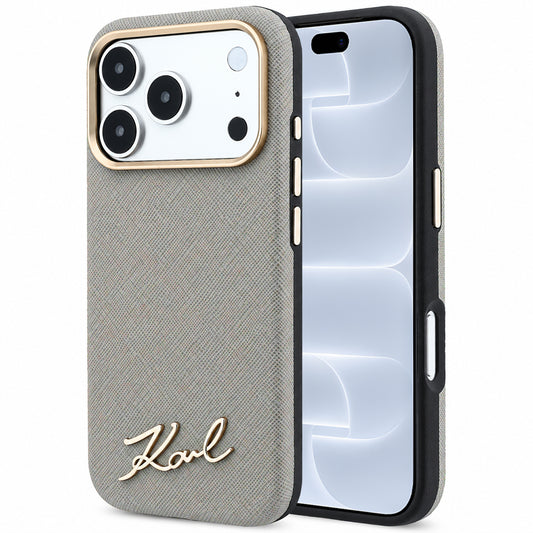 MagSafe-etui til Apple iPhone 18 Pro / 17 Pro, Karl Lagerfeld, Saffiano Small Script Metal Logo, Grå Beige