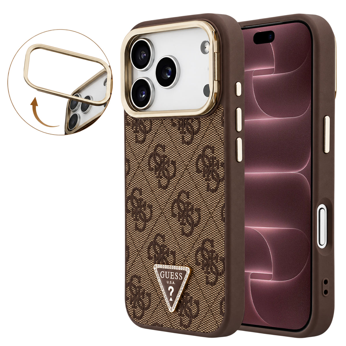 MagSafe Case for Apple iPhone 18 Pro Max / 17 Pro Max, Guess, 4G Triangle Logo & Camera Stand, Brown