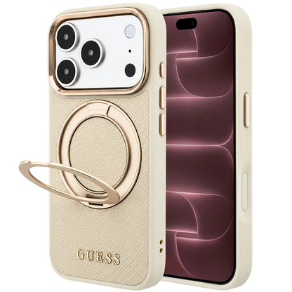 MagSafe-etui til Apple iPhone 18 Pro Max / 17 Pro Max, Guess, Grained Ring Stand 360 Classic, Beige