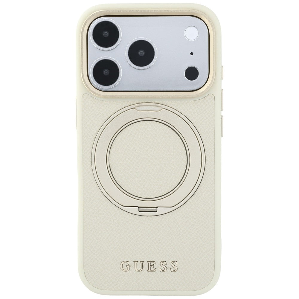 MagSafe-etui til Apple iPhone 18 Pro Max / 17 Pro Max, Guess, Grained Ring Stand 360 Classic, Beige