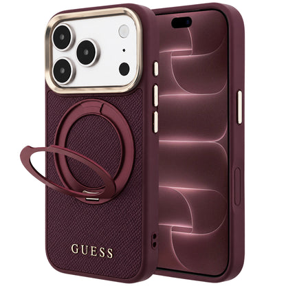 MagSafe-etui til Apple iPhone 18 Pro Max / 17 Pro Max, Guess, Grained Ring Stand 360 Classic, Vinrød