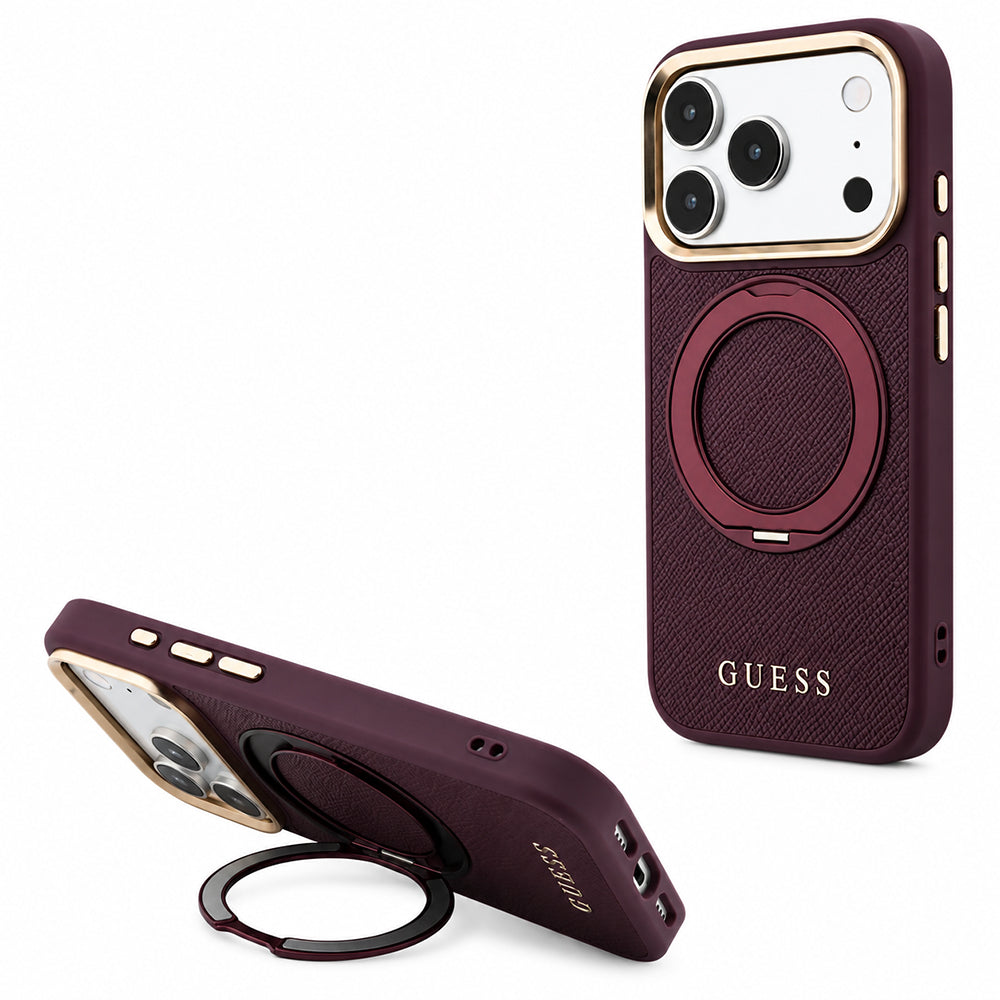 MagSafe-etui til Apple iPhone 18 Pro Max / 17 Pro Max, Guess, Grained Ring Stand 360 Classic, Vinrød