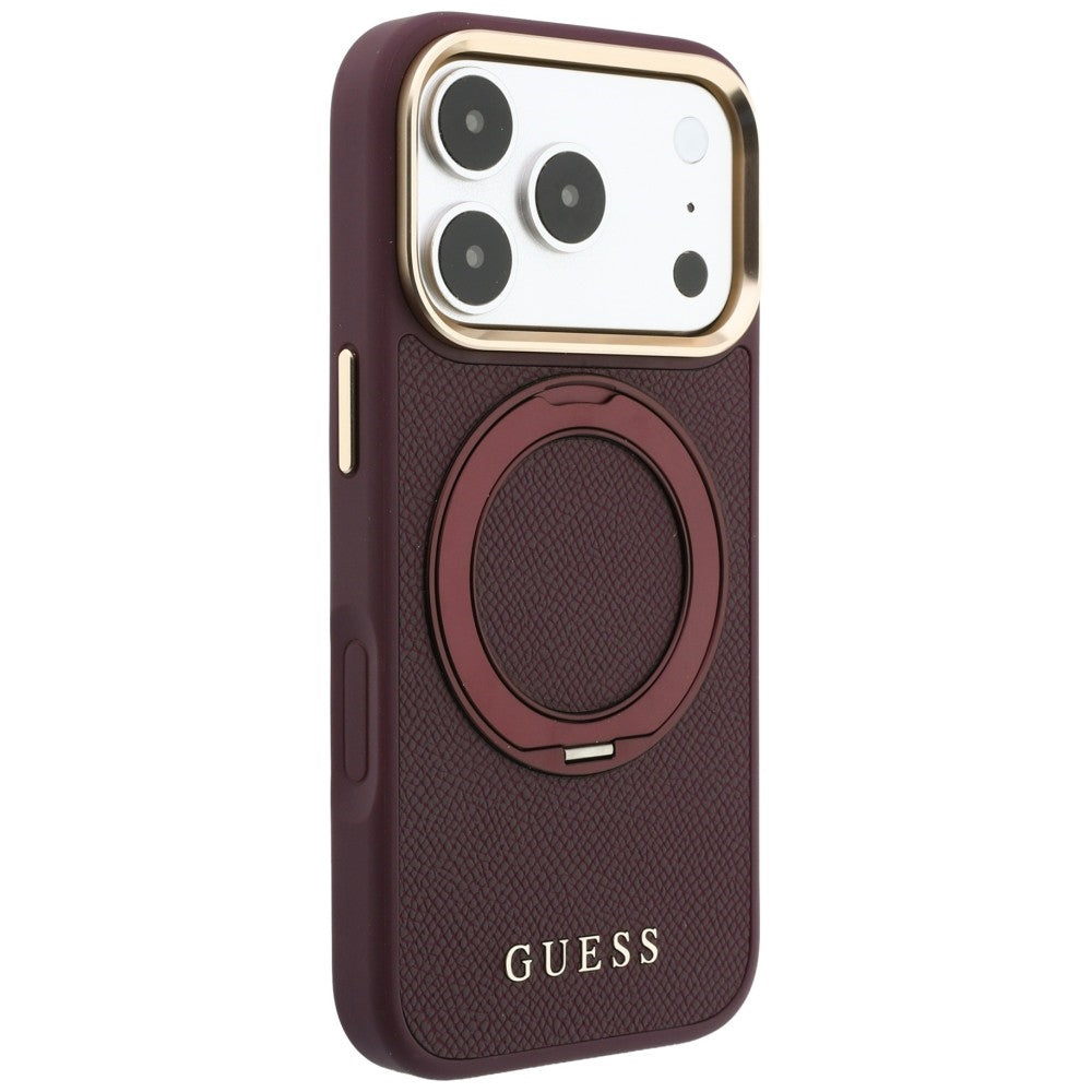 MagSafe-etui til Apple iPhone 18 Pro Max / 17 Pro Max, Guess, Grained Ring Stand 360 Classic, Vinrød