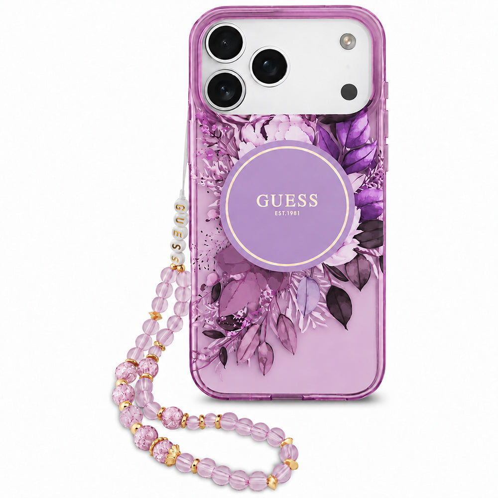 MagSafe-cover til Apple iPhone 18 Pro Max / 17 Pro Max, Guess, IML Flowers with Pearl Strap, lilla