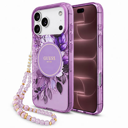 MagSafe-cover til Apple iPhone 18 Pro Max / 17 Pro Max, Guess, IML Flowers with Pearl Strap, lilla