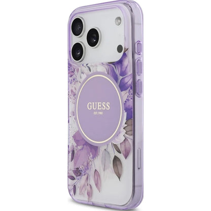 MagSafe-cover til Apple iPhone 18 Pro Max / 17 Pro Max, Guess, IML Flowers with Pearl Strap, lilla