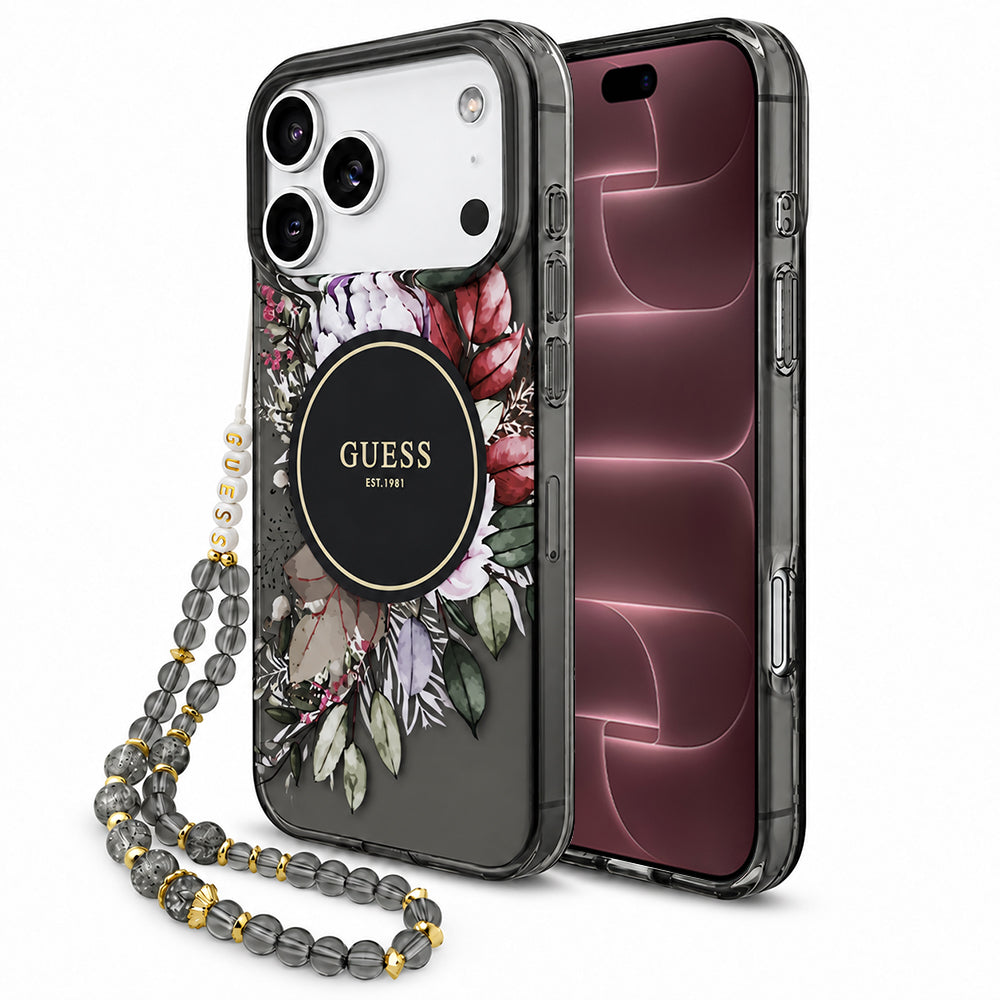 MagSafe-cover til Apple iPhone 18 Pro Max / 17 Pro Max, Guess, IML Flowers with Pearl Strap, sort