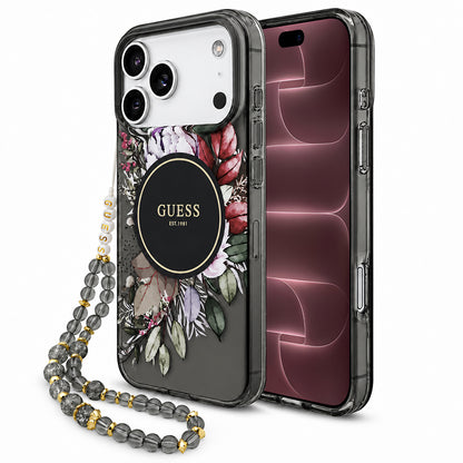MagSafe-cover til Apple iPhone 18 Pro Max / 17 Pro Max, Guess, IML Flowers with Pearl Strap, sort