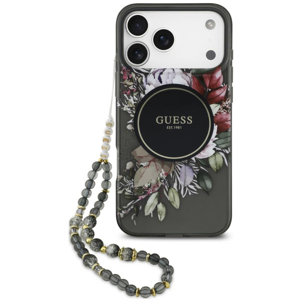 MagSafe-cover til Apple iPhone 18 Pro Max / 17 Pro Max, Guess, IML Flowers with Pearl Strap, sort