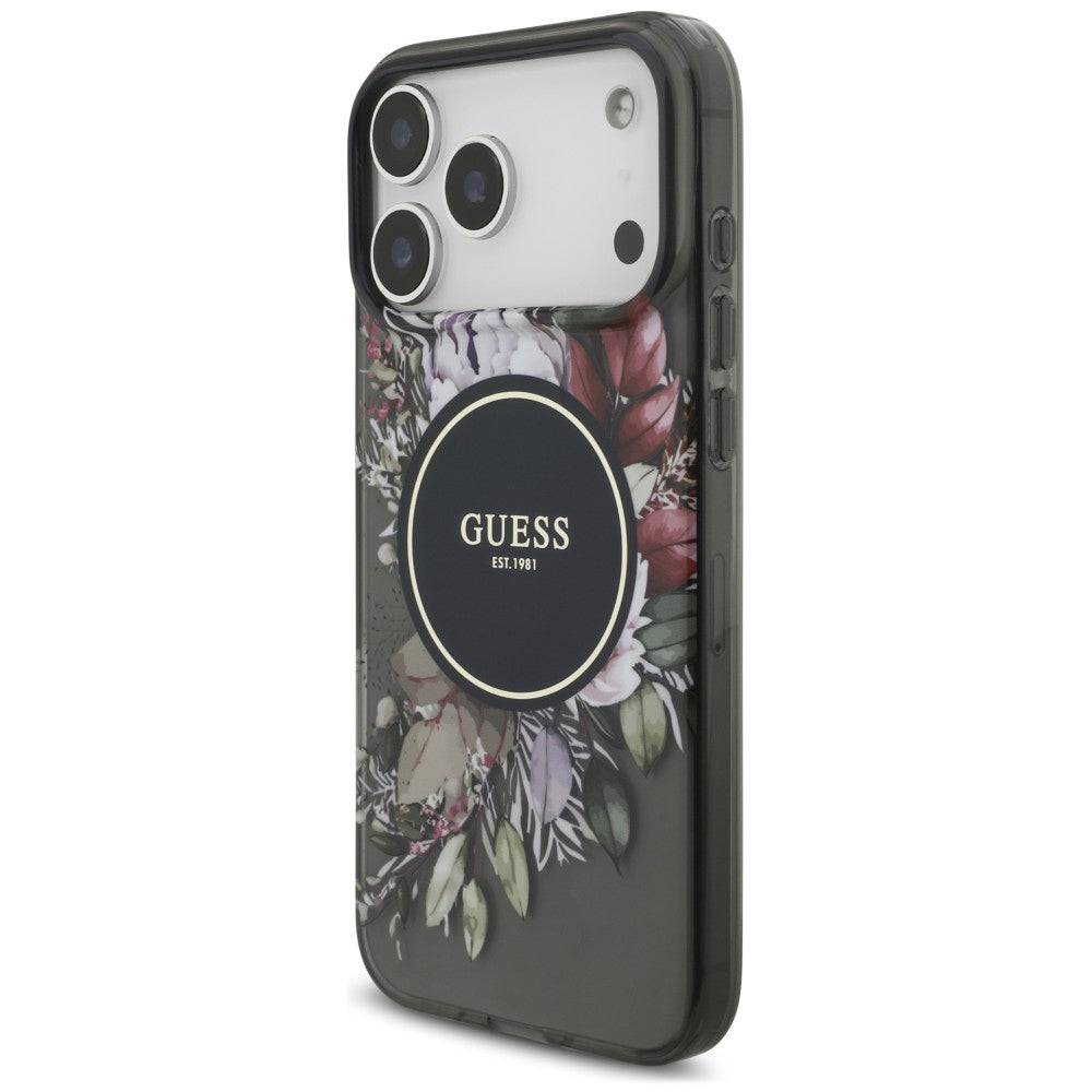 MagSafe-cover til Apple iPhone 18 Pro Max / 17 Pro Max, Guess, IML Flowers with Pearl Strap, sort
