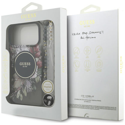 MagSafe-cover til Apple iPhone 18 Pro Max / 17 Pro Max, Guess, IML Flowers with Pearl Strap, sort
