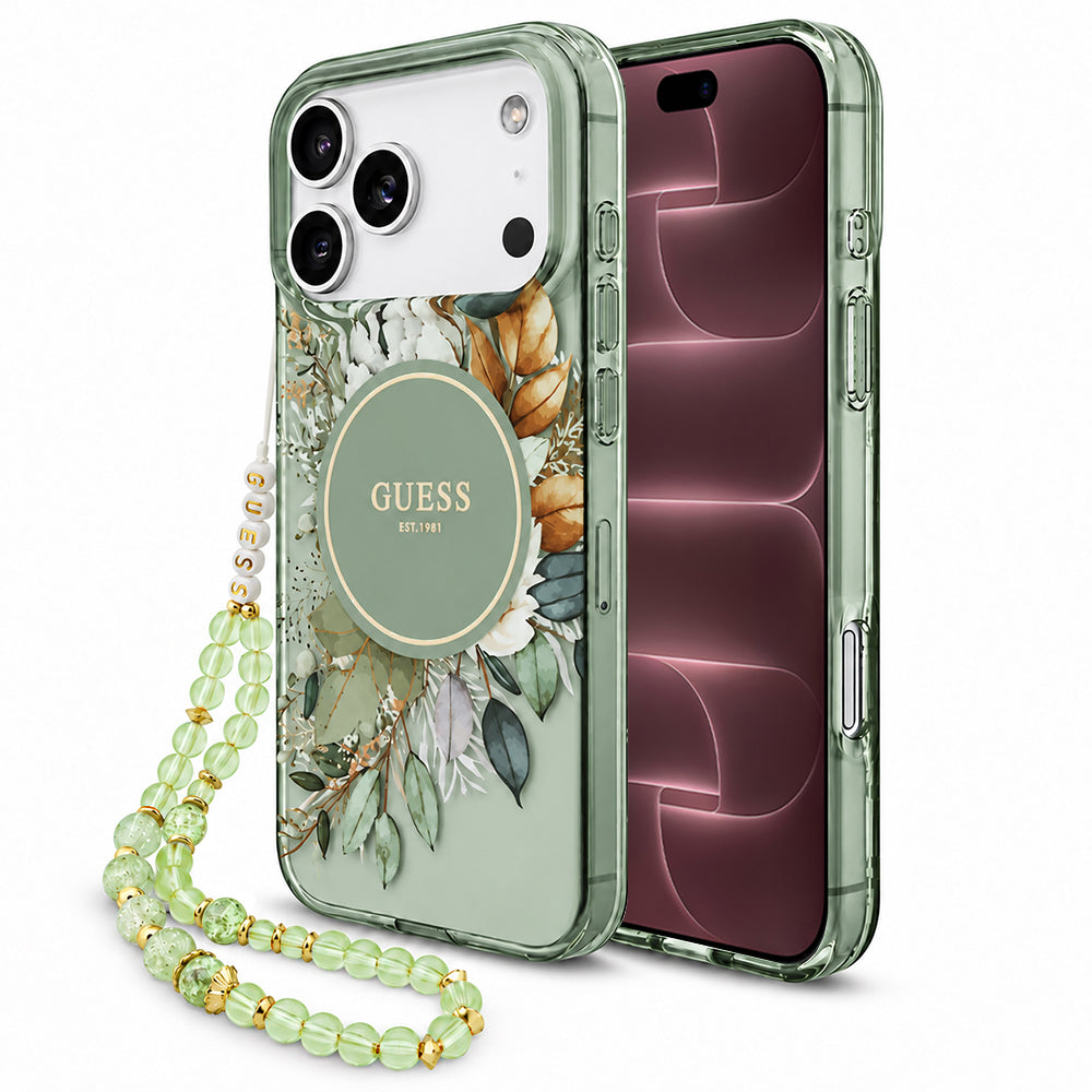MagSafe-cover til Apple iPhone 18 Pro Max / 17 Pro Max, Guess, IML Flowers with Pearl Strap, grøn