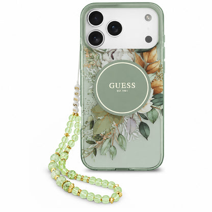 MagSafe-cover til Apple iPhone 18 Pro Max / 17 Pro Max, Guess, IML Flowers with Pearl Strap, grøn