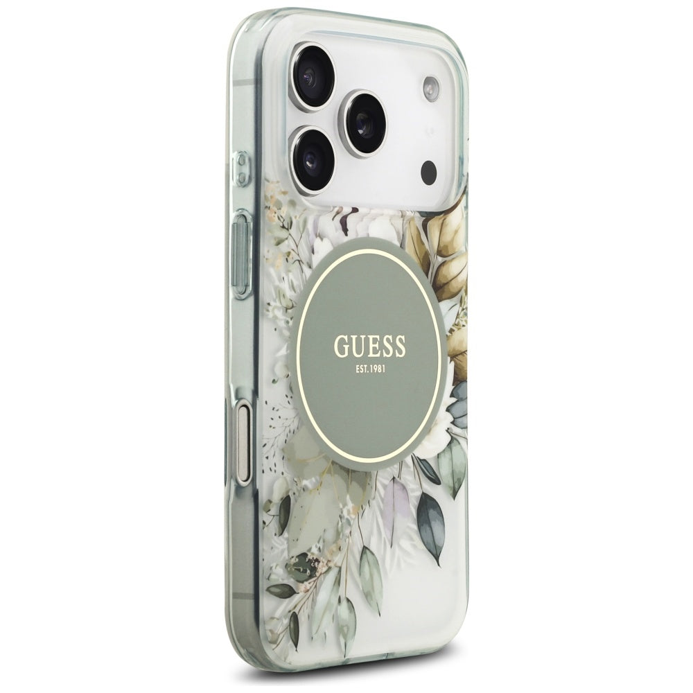 MagSafe-cover til Apple iPhone 18 Pro Max / 17 Pro Max, Guess, IML Flowers with Pearl Strap, grøn