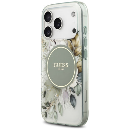 MagSafe-cover til Apple iPhone 18 Pro Max / 17 Pro Max, Guess, IML Flowers with Pearl Strap, grøn
