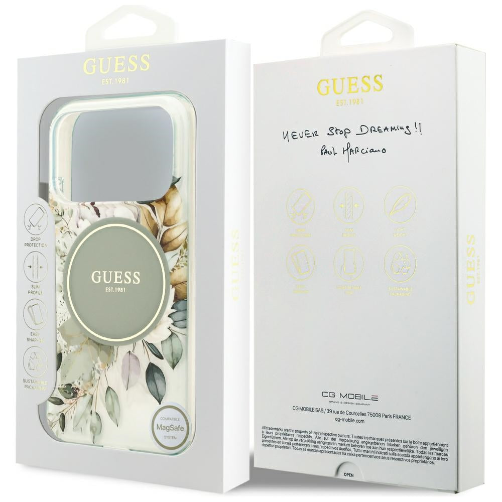 MagSafe-cover til Apple iPhone 18 Pro Max / 17 Pro Max, Guess, IML Flowers with Pearl Strap, grøn