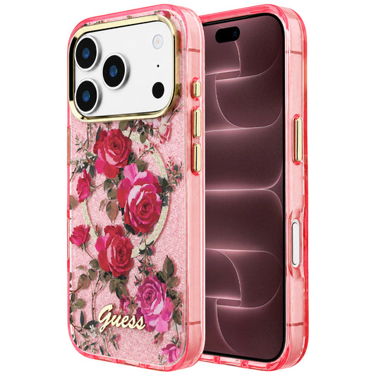 MagSafe-cover til Apple iPhone 18 Pro Max / 17 Pro Max, Guess, IML Glitter Blossom Roses, pink