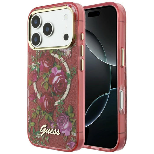 MagSafe-etui til Apple iPhone 18 Pro Max / 17 Pro Max, Guess, IML Glitter Blossom Roses, Vinrød