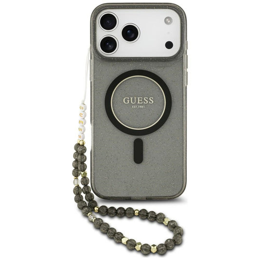 MagSafe-cover til Apple iPhone 18 Pro Max / 17 Pro Max, Guess, IML Glitter with Pearl Strap, sort