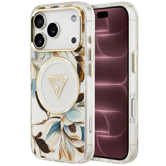 MagSafe-cover til Apple iPhone 18 Pro Max / 17 Pro Max, Guess, IML Metal Glitter Flowers Triangle, hvid