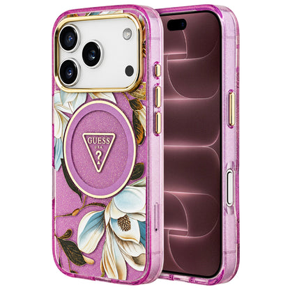 MagSafe-cover til Apple iPhone 18 Pro Max / 17 Pro Max, Guess, IML Metal Glitter Flowers Triangle, lilla