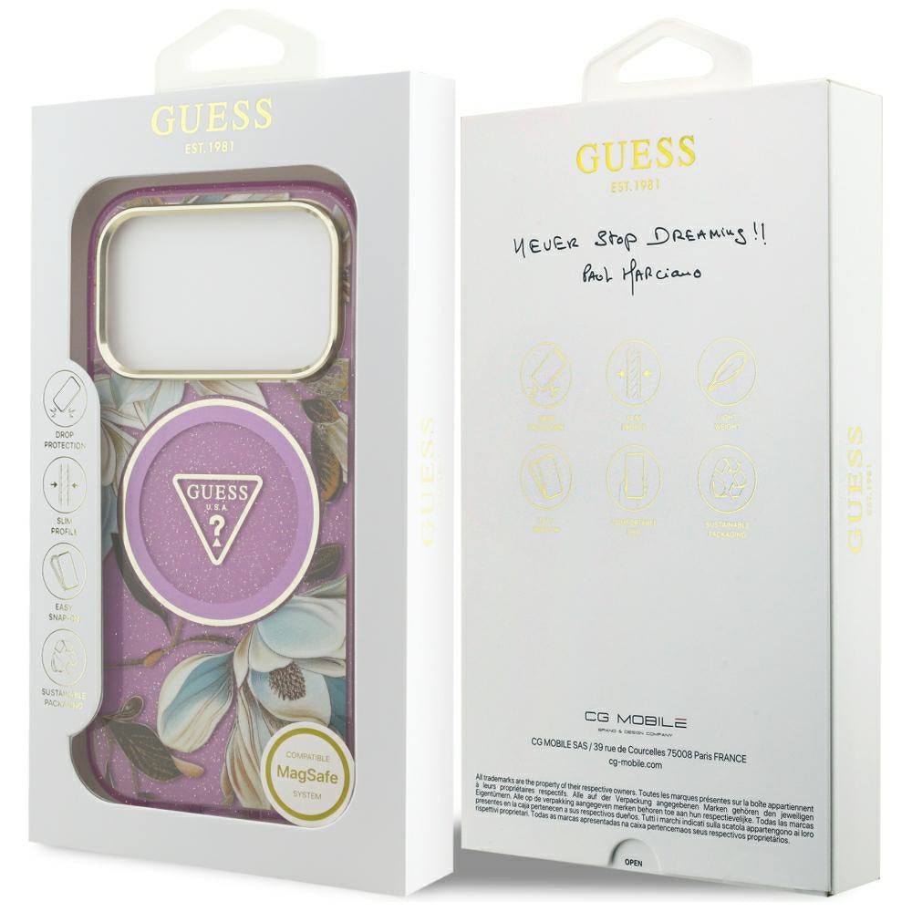 MagSafe-cover til Apple iPhone 18 Pro Max / 17 Pro Max, Guess, IML Metal Glitter Flowers Triangle, lilla