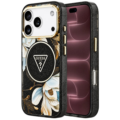 MagSafe-cover til Apple iPhone 18 Pro Max / 17 Pro Max, Guess, IML Metal Glitter Flowers Triangle, sort