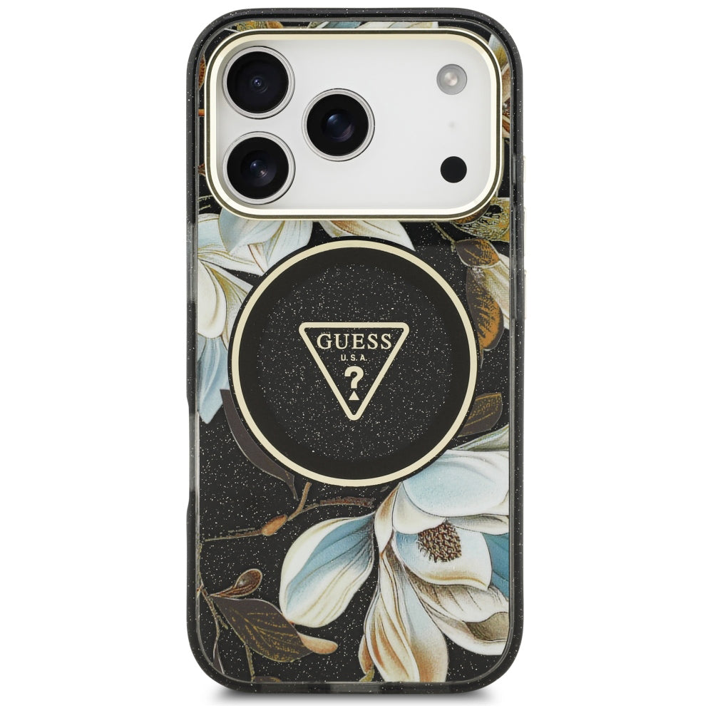 MagSafe-cover til Apple iPhone 18 Pro Max / 17 Pro Max, Guess, IML Metal Glitter Flowers Triangle, sort
