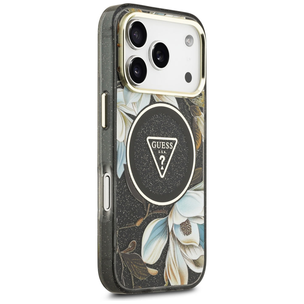 MagSafe-cover til Apple iPhone 18 Pro Max / 17 Pro Max, Guess, IML Metal Glitter Flowers Triangle, sort