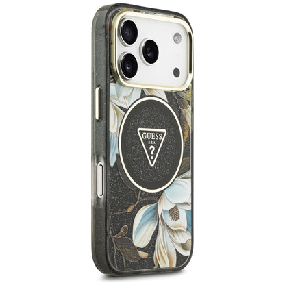 MagSafe-cover til Apple iPhone 18 Pro Max / 17 Pro Max, Guess, IML Metal Glitter Flowers Triangle, sort