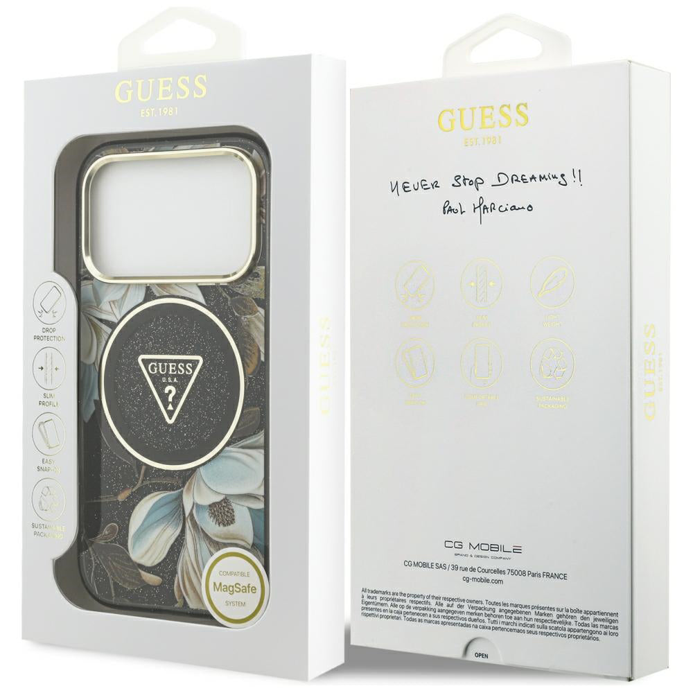 MagSafe-cover til Apple iPhone 18 Pro Max / 17 Pro Max, Guess, IML Metal Glitter Flowers Triangle, sort