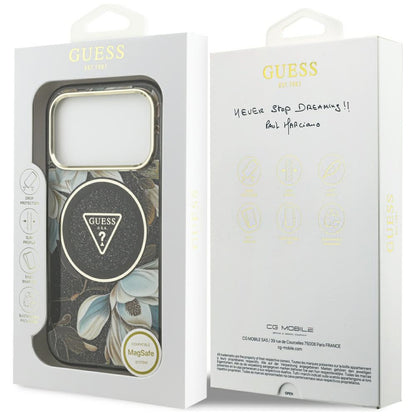 MagSafe-cover til Apple iPhone 18 Pro Max / 17 Pro Max, Guess, IML Metal Glitter Flowers Triangle, sort