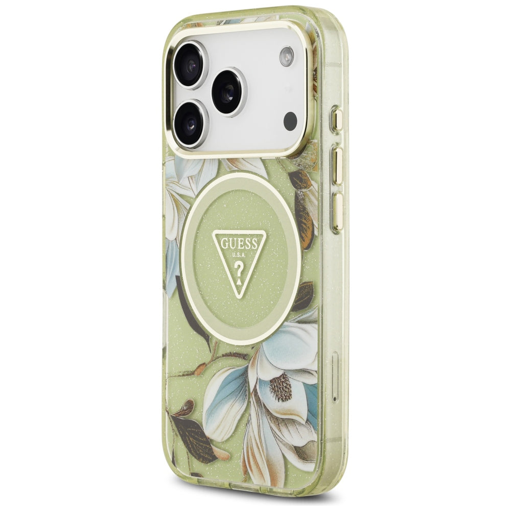 MagSafe-cover til Apple iPhone 18 Pro Max / 17 Pro Max, Guess, IML Metal Glitter Flowers Triangle, grøn