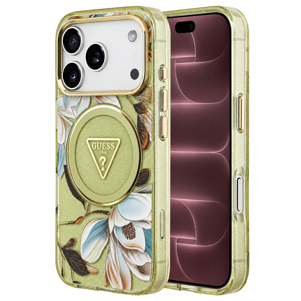 MagSafe-cover til Apple iPhone 18 Pro Max / 17 Pro Max, Guess, IML Metal Glitter Flowers Triangle, grøn