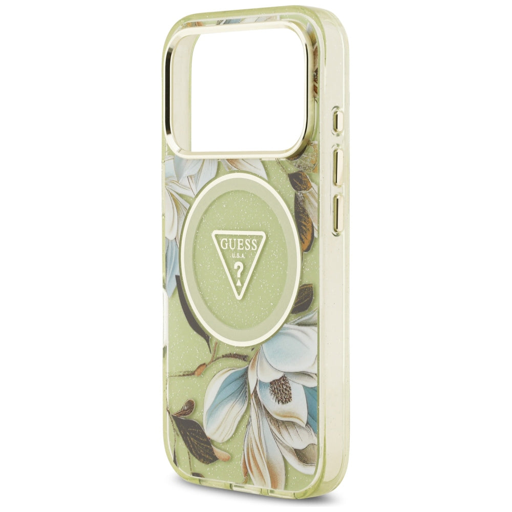 MagSafe-cover til Apple iPhone 18 Pro Max / 17 Pro Max, Guess, IML Metal Glitter Flowers Triangle, grøn