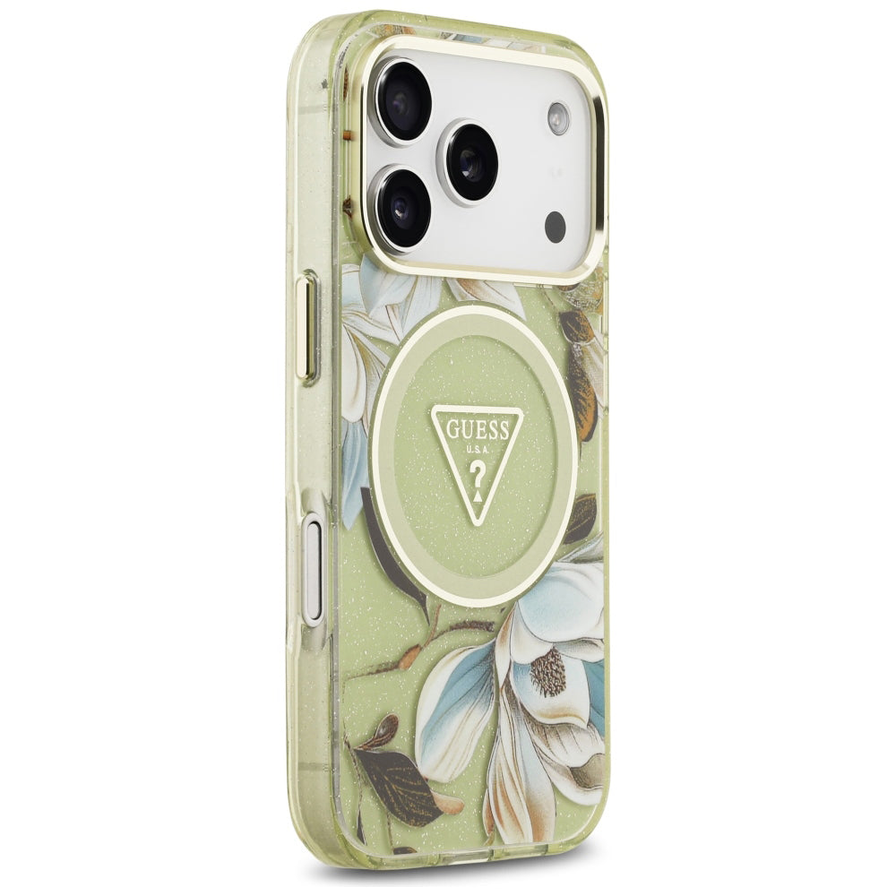 MagSafe-cover til Apple iPhone 18 Pro Max / 17 Pro Max, Guess, IML Metal Glitter Flowers Triangle, grøn