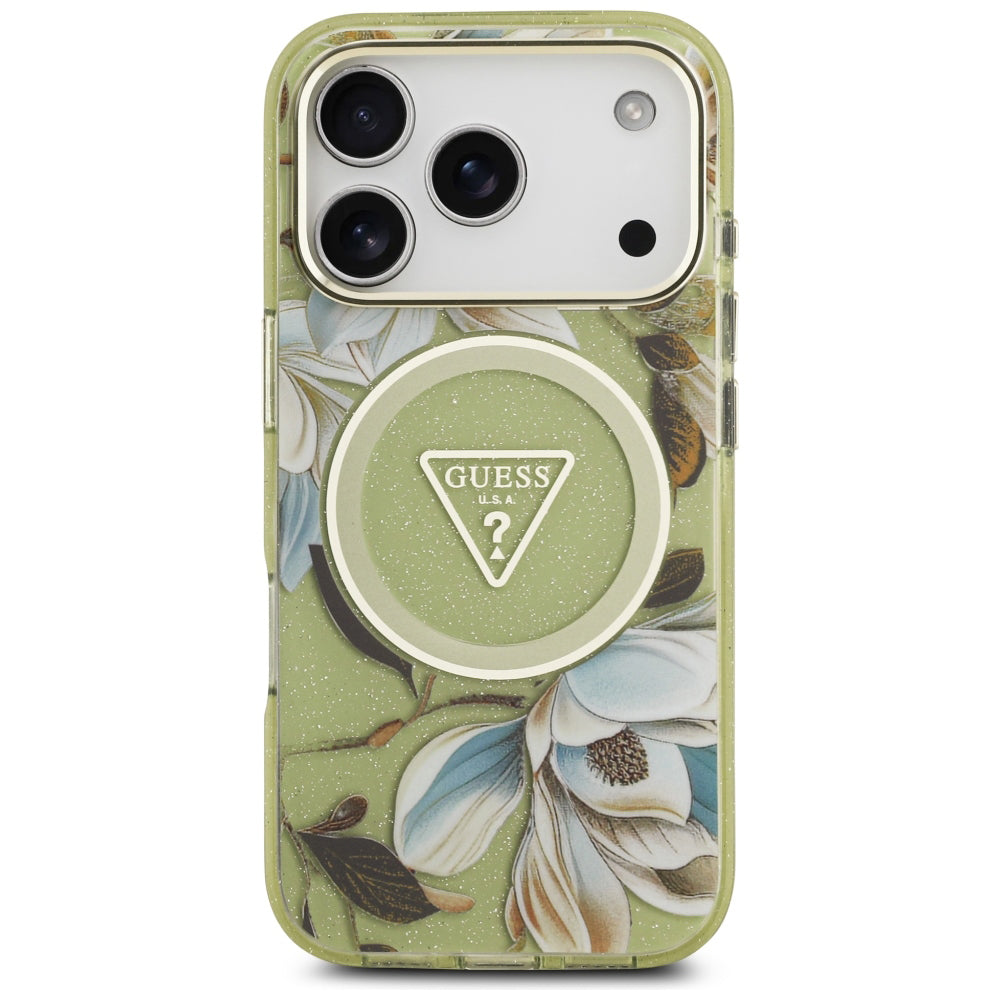 MagSafe-cover til Apple iPhone 18 Pro Max / 17 Pro Max, Guess, IML Metal Glitter Flowers Triangle, grøn